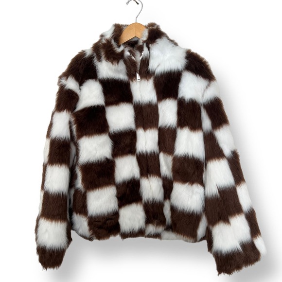 Brown Checkered Faux Fur Jacket Size Medium NWOT - Picture 4 of 8